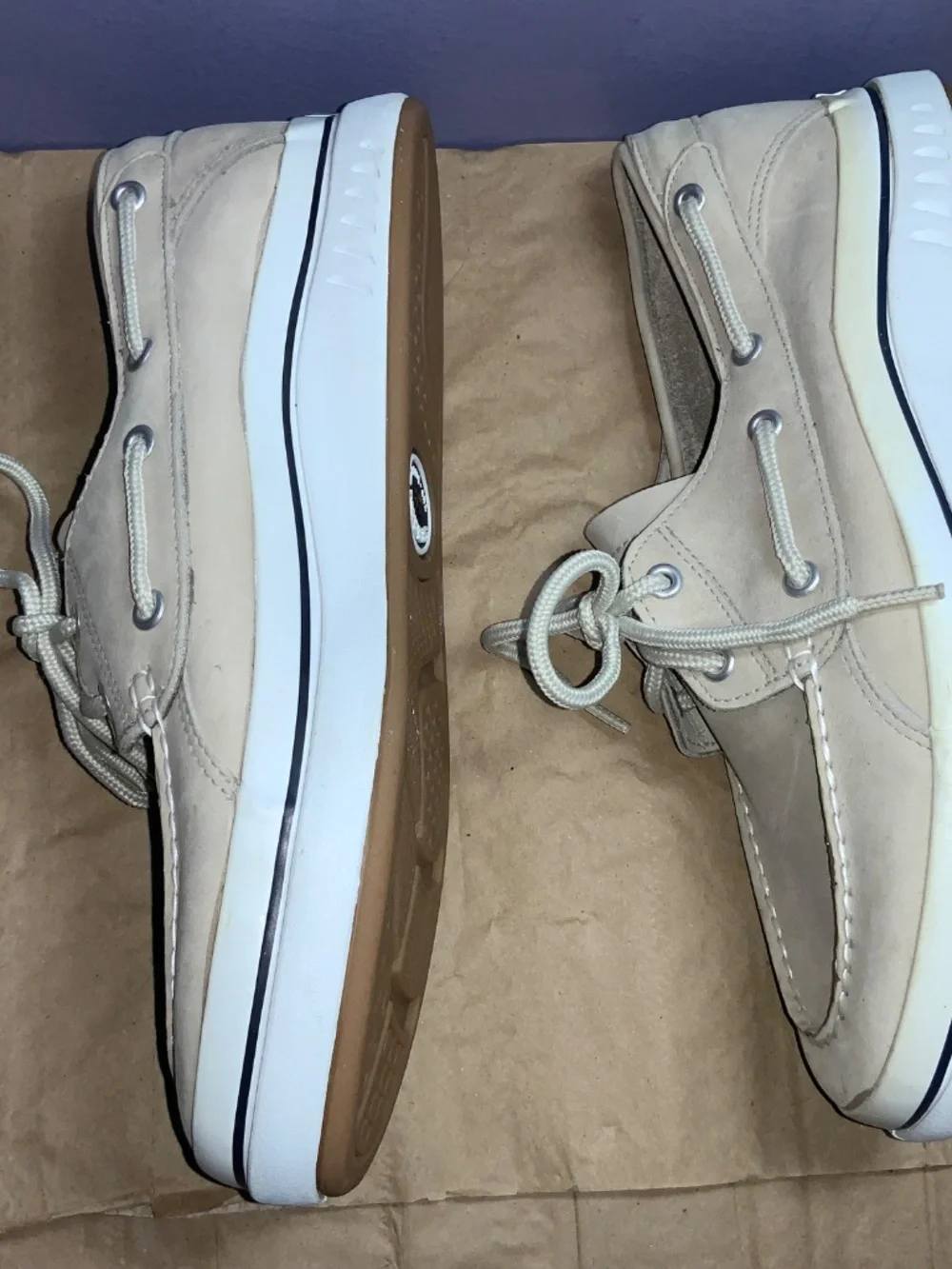 Sperry Top Sider off white leather boat shoes loafers Sz 9.5M lace up